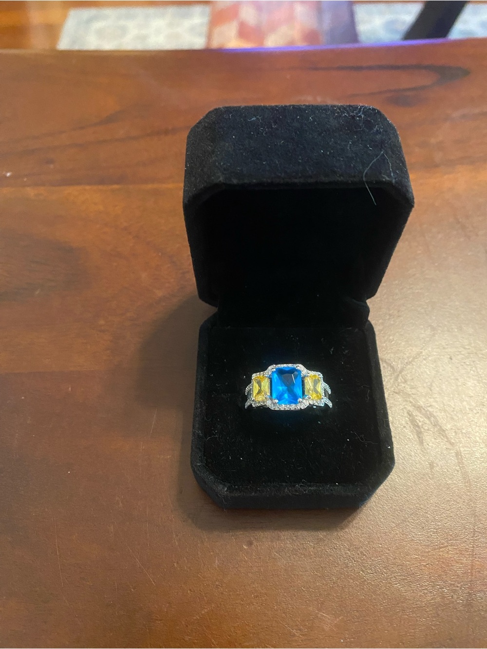 Sterling Blue and Yellow Emerald-Cut Gemstone Ring